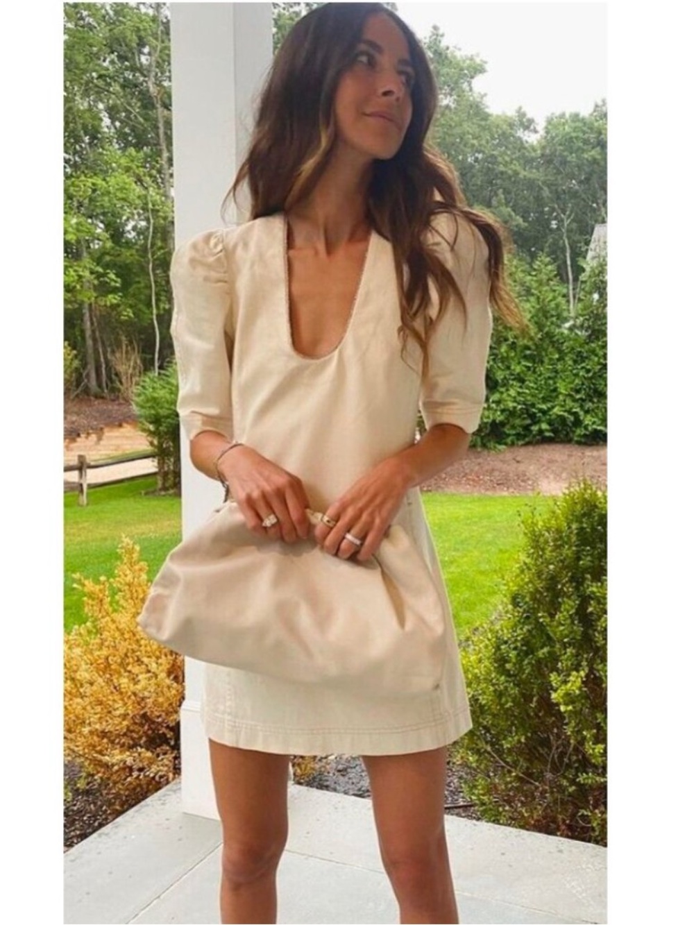 Something Navy Beige Spencer Denim Embellished Puff Sleeve Mini Dress Size M - Picture 1 of 10